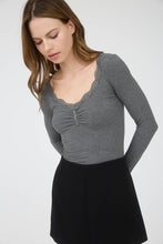 Lace Trim Button Detail Long Sleeve Knit Top - Charcoal