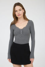 Lace Trim Button Detail Long Sleeve Knit Top - Charcoal