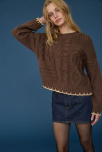Cable Knit Pattern Contrast Stitch Detail Sweater - Black or Brown