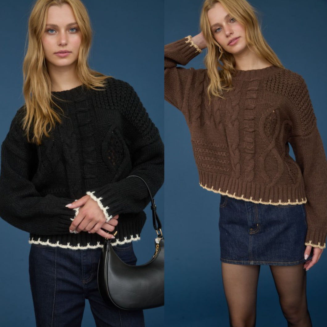 Cable Knit Pattern Contrast Stitch Detail Sweater - Black or Brown