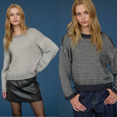 Stripe Raw Edge Detail Long Sleeve Knit Sweater - Black or Grey