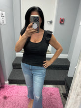 Square Neck Mineral Wash Ruffle Cap Sleeve Top - Black