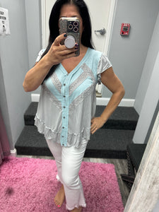 POL V neck ruffle sleeve roomy fit top in POL jersey with lace trim detail - Black or Light Grey