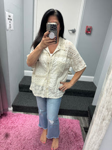 Mineral Washed Eyelet Lace Boho Summer Shacket -Natural or Silver Grey