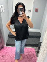 Pleated Short Sleeve Blouse W Ruffled Split Neck And Tie - Black or Red