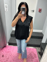 Pleated Short Sleeve Blouse W Ruffled Split Neck And Tie - Black or Red