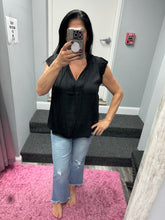 Pleated Short Sleeve Blouse W Ruffled Split Neck And Tie - Black or Red