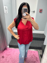 Pleated Short Sleeve Blouse W Ruffled Split Neck And Tie - Black or Red