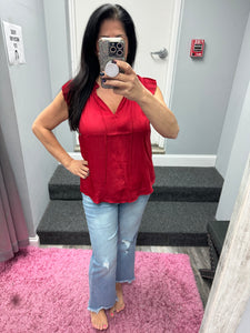 Pleated Short Sleeve Blouse W Ruffled Split Neck And Tie - Black or Red