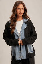 Denim Contrast Sweater Cardigan - White or Black
