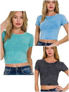 RIBBED SHORT SLEEVE CROPPED TOP - ASSORTED COLORS