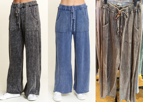 Mineral Wash Side Knit detail wide leg pants - Assorted Colors