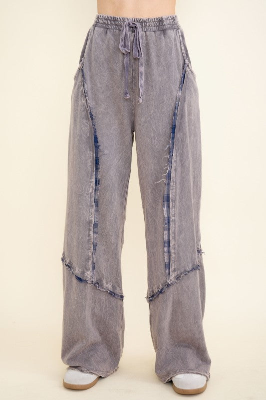 Mineral Washed Blue Plaid Sweatpants - Charcoal