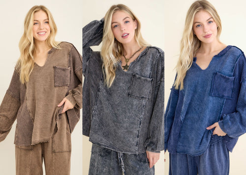 Mineral Washed Waffle Splick Neck Fall Blouse Top - Assorted Colors