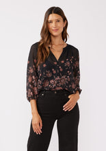 Floral Raglan Button Down Blouse - Black/Dusty Rose