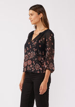 Floral Raglan Button Down Blouse - Black/Dusty Rose