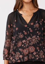 Floral Raglan Button Down Blouse - Black/Dusty Rose