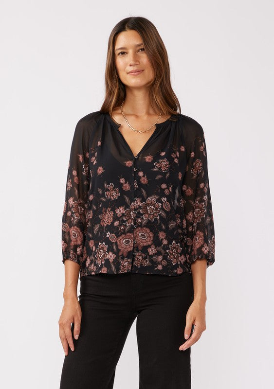 Floral Raglan Button Down Blouse - Black/Dusty Rose