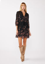 Button Front Drawstring Waist Mini Dress - Black/Dusty Rose