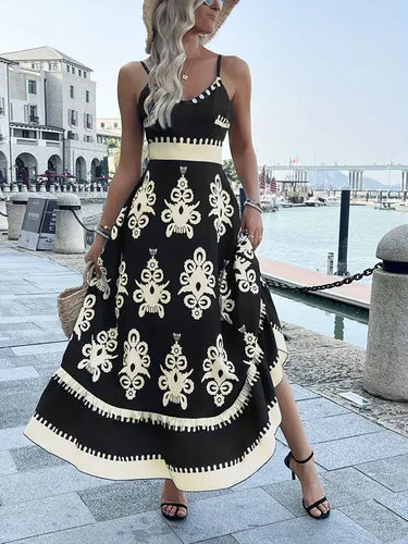 Black & Cream Print Dress With Tie Back Detail