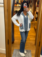 Denim Contrast Sweater Cardigan - White or Black