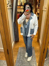 Denim Contrast Sweater Cardigan - White or Black