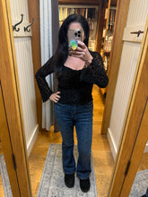 Velvet Floral Print Long Sheer Sleeve Knit Top - Black