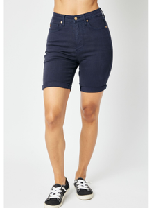JUDY BLUE HIGH WAIST NAVY GARMENT DYED TUMMY CONTROL BERMUDA SHORTS