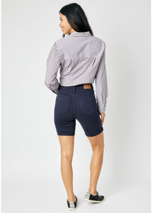 JUDY BLUE HIGH WAIST NAVY GARMENT DYED TUMMY CONTROL BERMUDA SHORTS