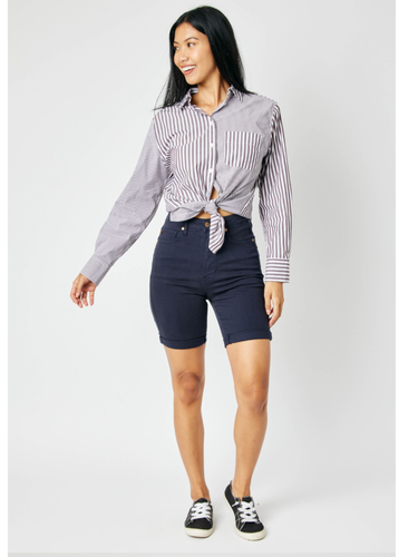 JUDY BLUE HIGH WAIST NAVY GARMENT DYED TUMMY CONTROL BERMUDA SHORTS