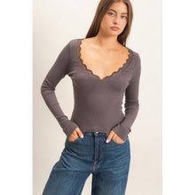 Lace Trim V-neck Top - Black