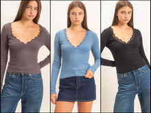 Lace Trim V-neck Top - Black