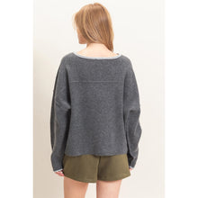 Relaxed Wide Neck Knit Sweater - Charcoal