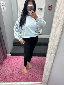 Vintage Havana Washed Light Blue W Denim Print Rib Crewneck