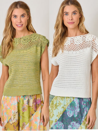 Mystree Floral Yoke Crochet Top - Ivory or Pistachio Mix