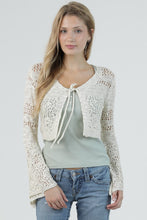 Open Knit Tie Front Flare Bell Sleeve Crop Cardigan - Ivory