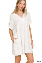 DOUBLE GAUZE RAW EDGE V-NECK DRESS - ASSORTED COLORS