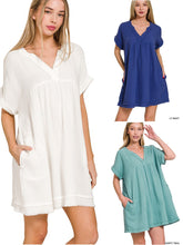 DOUBLE GAUZE RAW EDGE V-NECK DRESS - ASSORTED COLORS