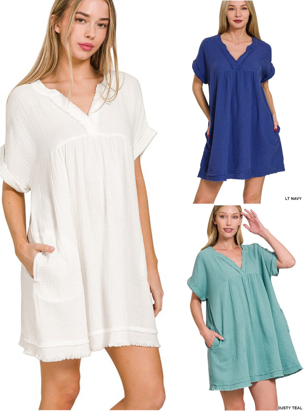 DOUBLE GAUZE RAW EDGE V-NECK DRESS - ASSORTED COLORS