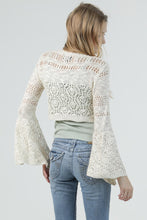 Open Knit Tie Front Flare Bell Sleeve Crop Cardigan - Ivory