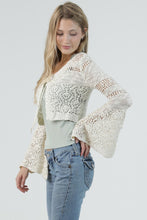 Open Knit Tie Front Flare Bell Sleeve Crop Cardigan - Ivory