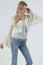Open Knit Tie Front Flare Bell Sleeve Crop Cardigan - Ivory