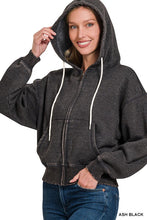 ACID WASH FLEECE CROPPED ZIP-UP HOODIE W POCKETS - ASSORTED COLORS