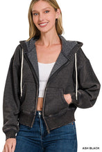 ACID WASH FLEECE CROPPED ZIP-UP HOODIE W POCKETS - ASSORTED COLORS