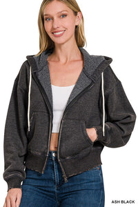 ACID WASH FLEECE CROPPED ZIP-UP HOODIE W POCKETS - ASSORTED COLORS