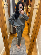 Ariella Straight Leg Pant W/ Pleather Detail In Scuba - Grey W/ Snake Trim