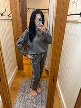 Ariella Straight Leg Pant W/ Pleather Detail In Scuba - Grey W/ Snake Trim