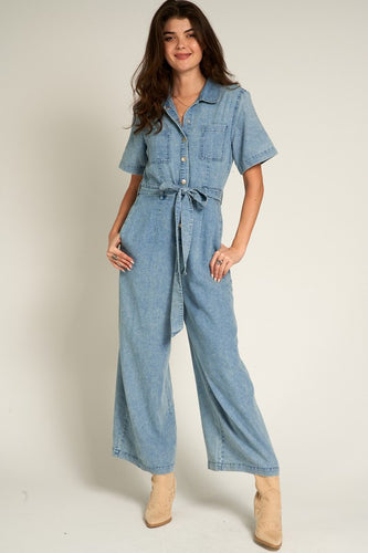 Short Sleeve Denim Tencel Jumpsuit