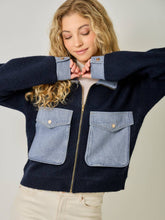 Denim Contrast Sweater Jacket - Navy