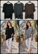 Raw Edge Fringe Hem Top - Brown, Black or Grey